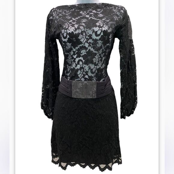 Sentimental NY By Sam Hourani Black Lace Dress With Rhinestone Tuxedo Belt Sz M - Picture 6 of 13